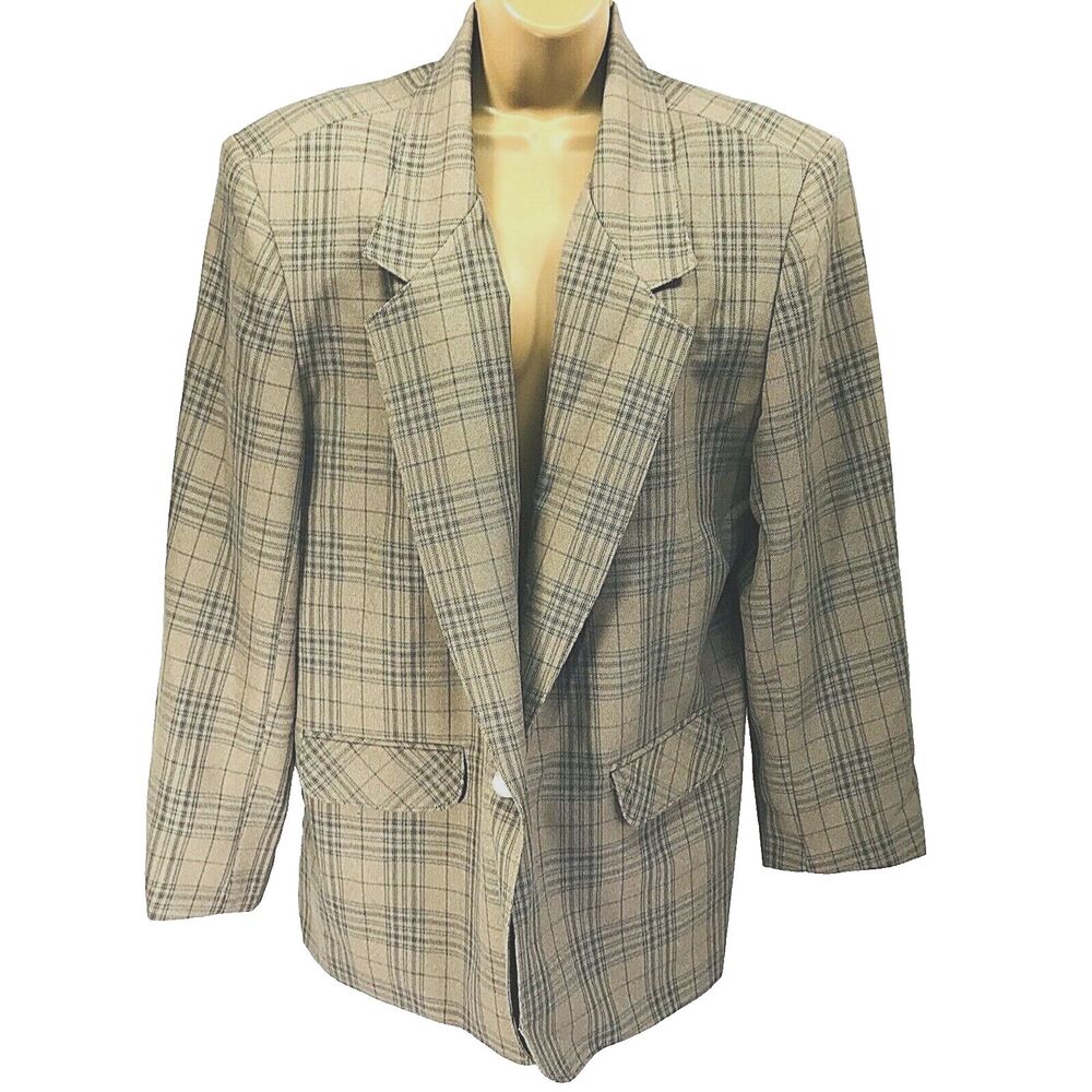 Alfred Dunner Blazer Jacket Tartan Plaid 16 Business Beige Brown Blue USA